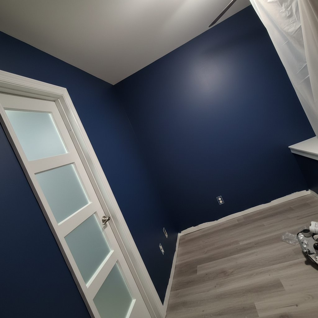 Blue room painting project with smooth wall finish