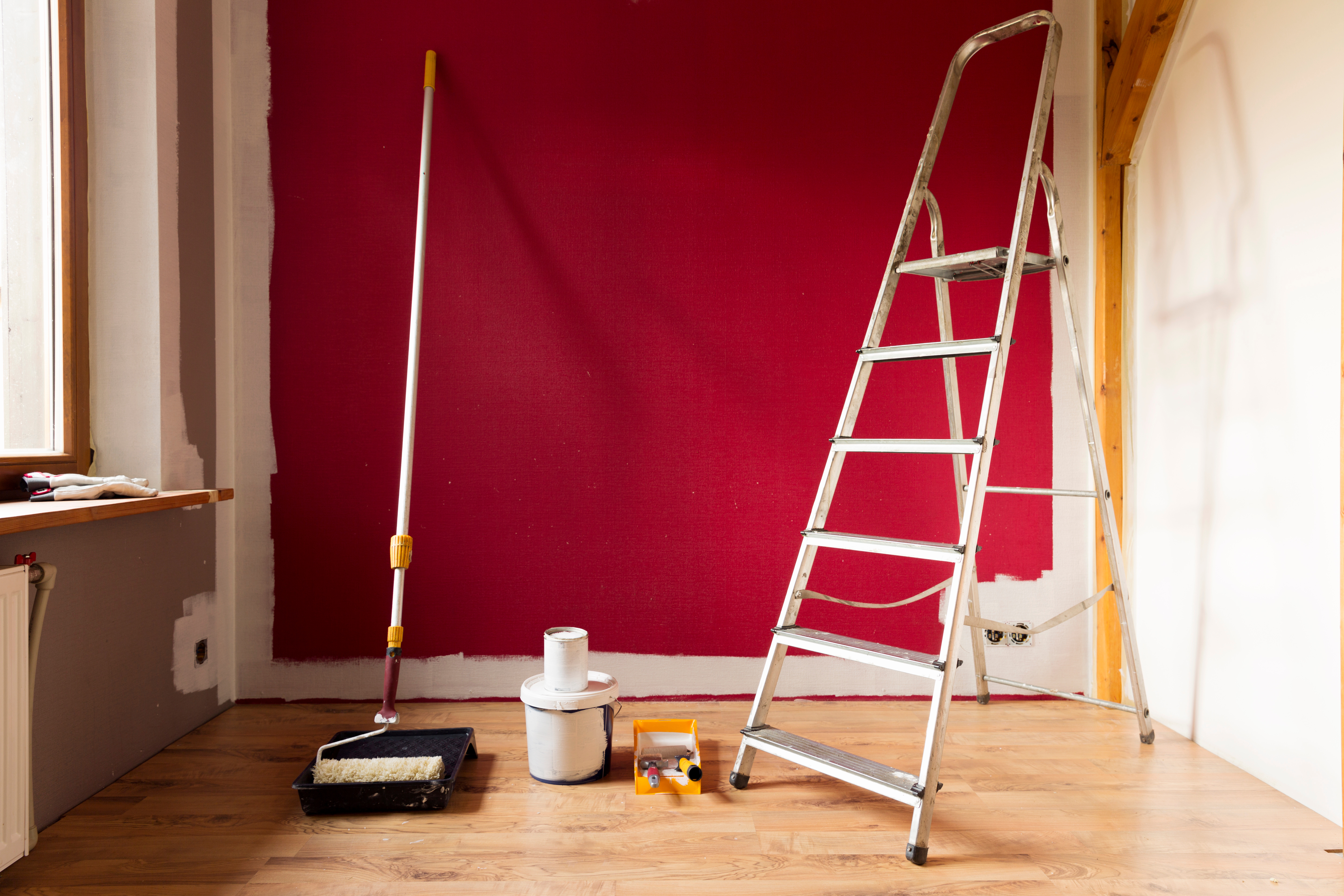 Red accent wall painting project